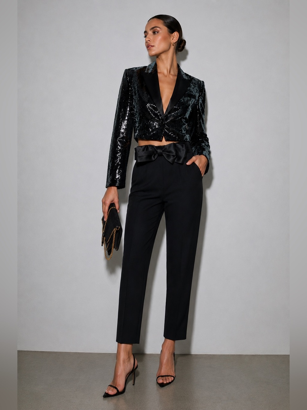 Zara Cropped Sequin Blazer & High-Waist Trousers Set - Black